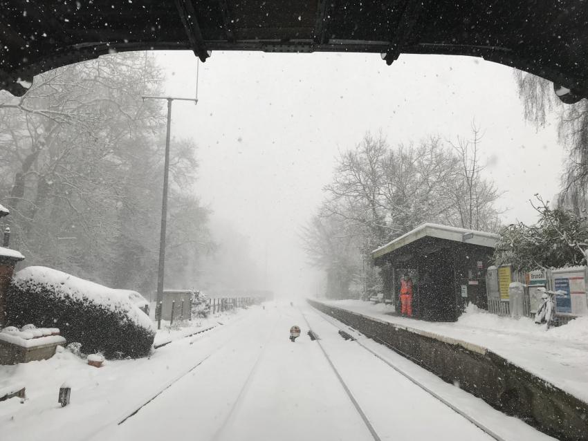 Brundall Station covered in snow