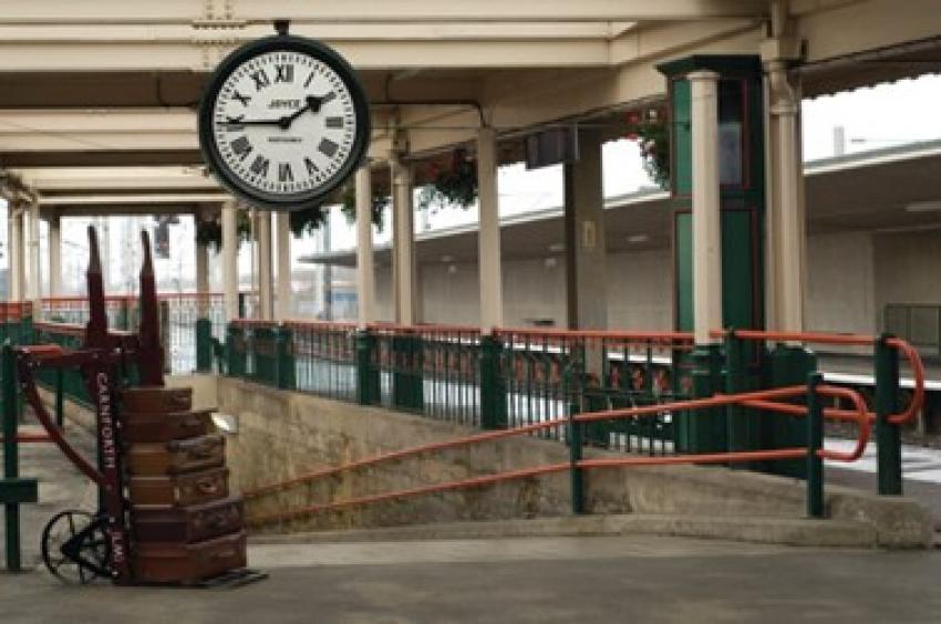 Carnforth Station platform with clock