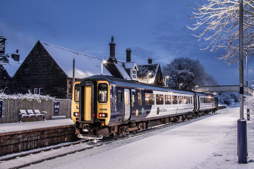 Train in the snow at Aspatria Station, Cumbrian Coast Line