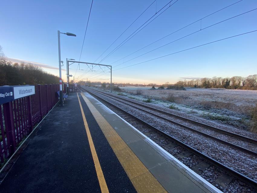 Station platform overlooking frosted fields | Waterbeach Station