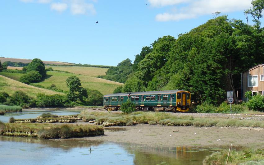 Train running alongside the estuary on the Looe Valley Line with lush countryside around
