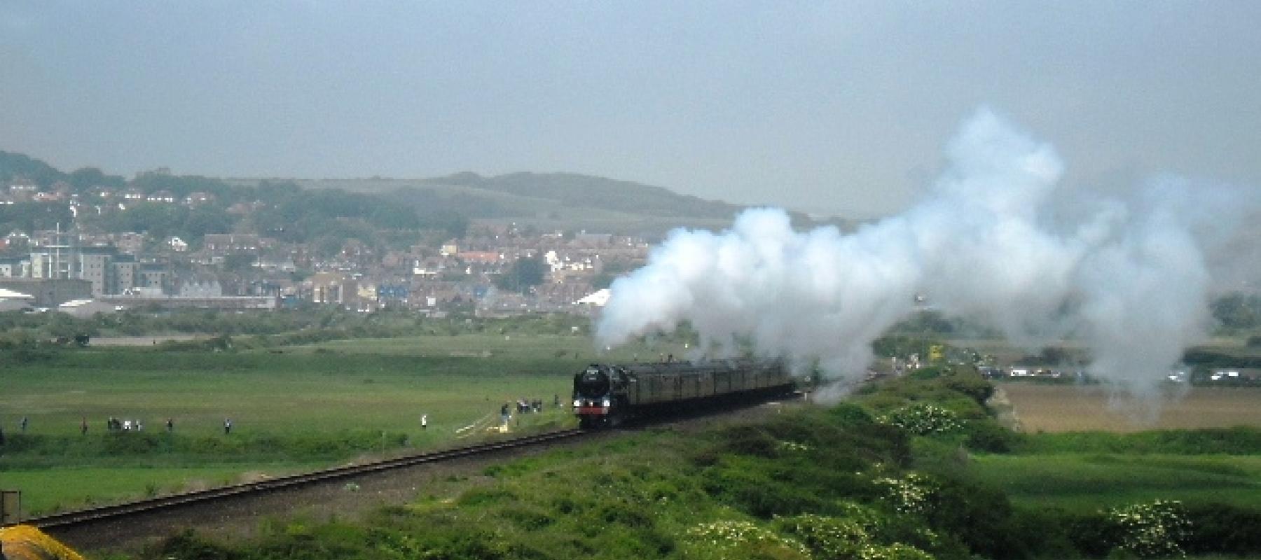 Oliver Cromwell steam engine approaching Seaford for 150th celebrations