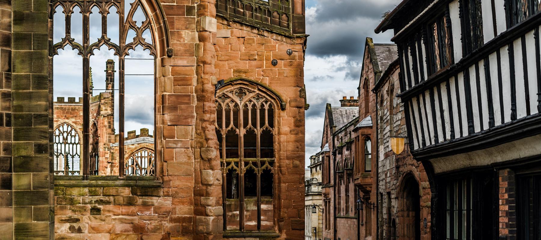 Historic Tudor buildings and church ruins in Coventry