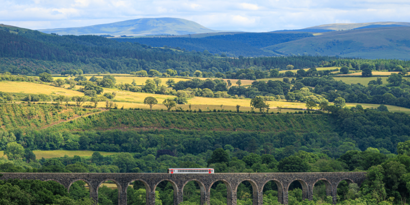 Train travelling across viaduct surrounded by lush green Welsh countryside