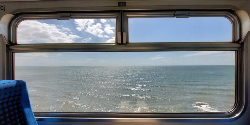 View from Cumbrian Coast train of sea and blue sky