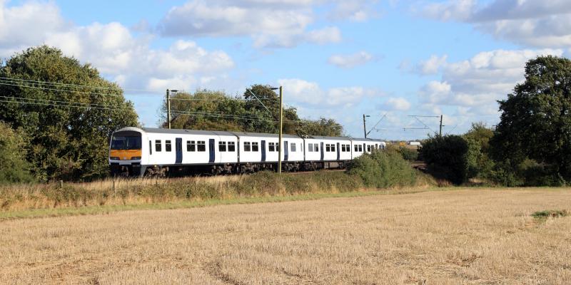 Train travelling along the Sunshine Coast line. East UK.