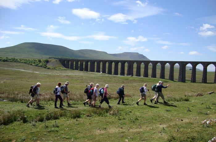 Walking group exploring the Yorkshire Dales with Ribblehead Viaduct in the background