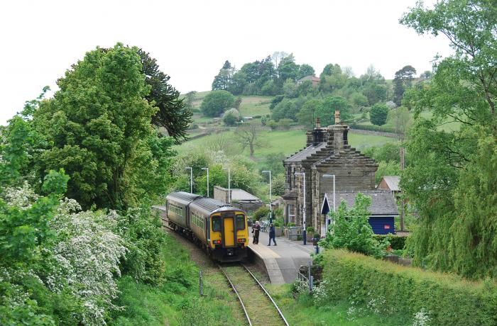 Train at Danby Station along the Esk Valley railway line. Yorkshire & North East UK